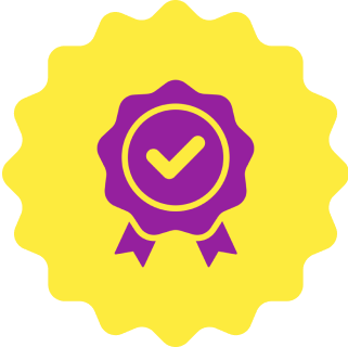 Badge with checkmark and ribbons icon.