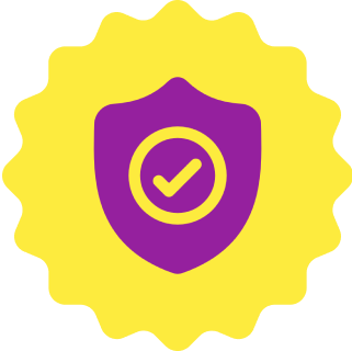Yellow badge with purple shield and checkmark.