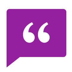 Purple speech bubble with quotation marks.